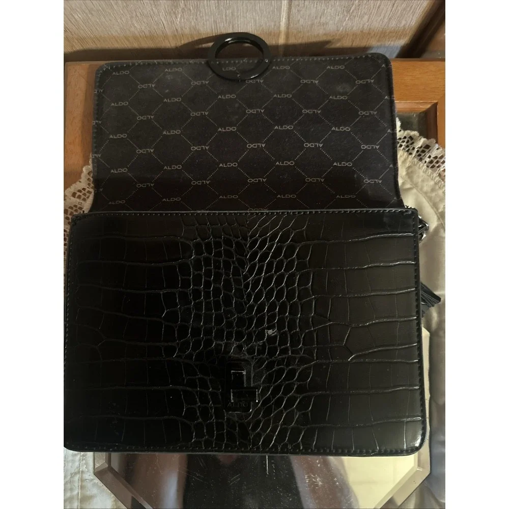 Aldo Black Croc Embossed cross body bag with tassel, chain